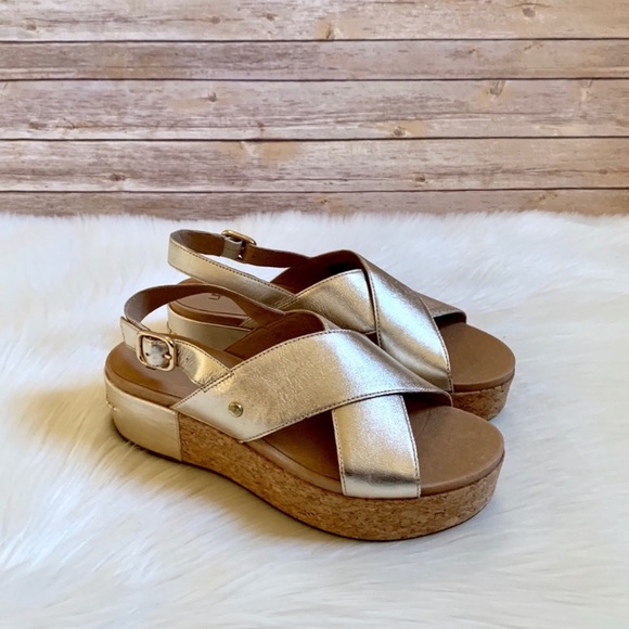 UGG Shoes - UGG Shoshana Metallic Light Gold Wedge Sandals